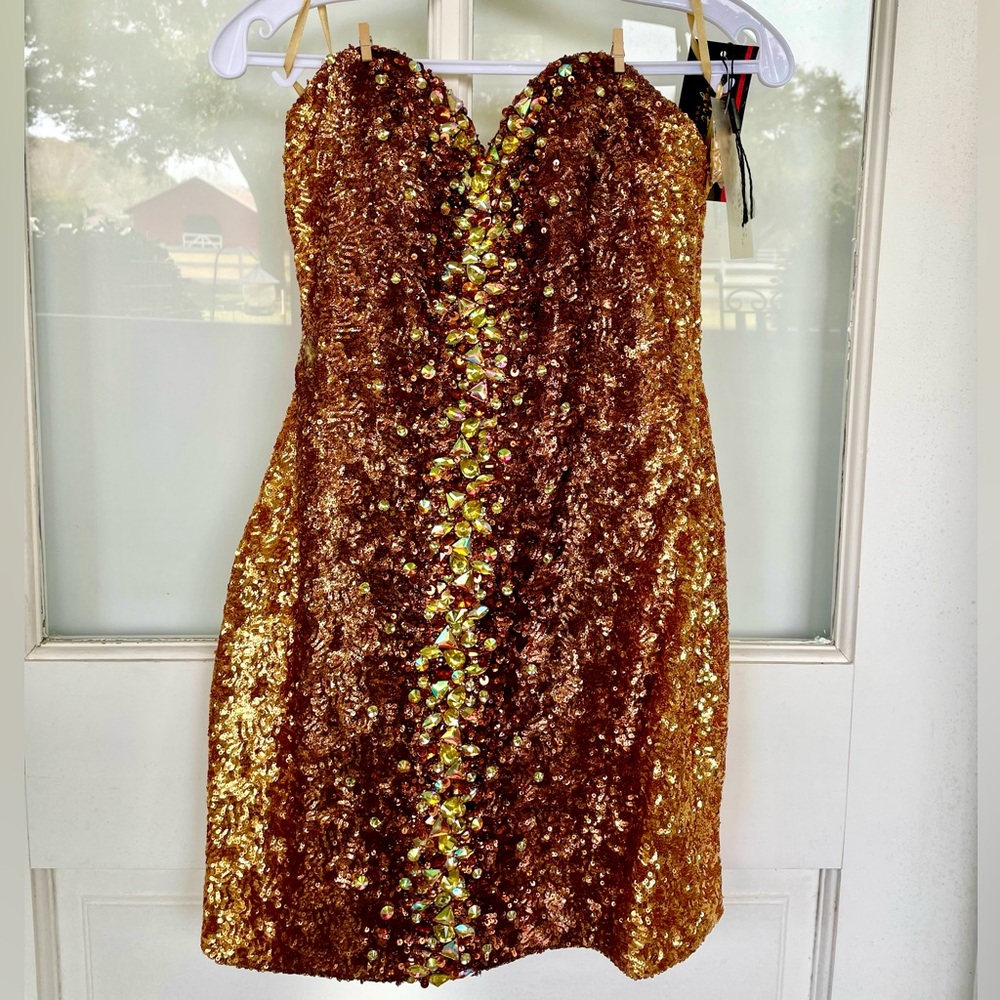Gold and bronze sequin/ rhinestone strapless cocktail dress
